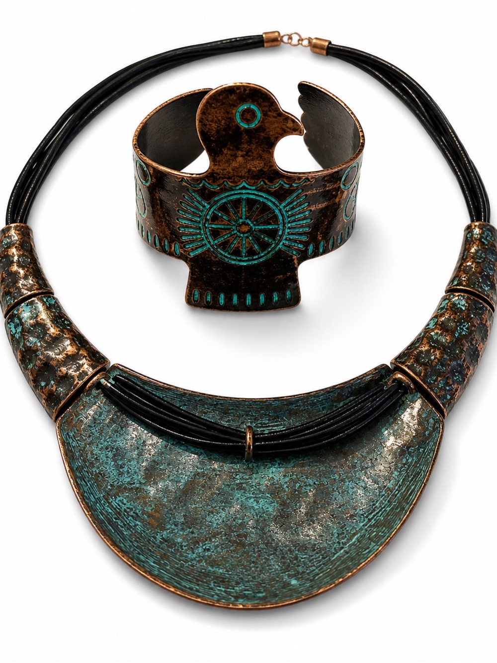 Rustic Turquoise Patina Necklace & Cuff Bracelet Set | Boho Southwestern - Picture 2 of 3